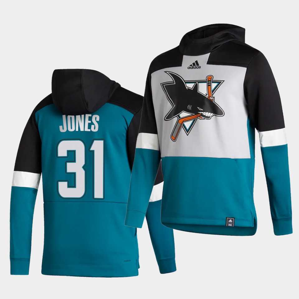 Men San Jose Sharks 31 Jones Blue NHL 2021 Adidas Pullover Hoodie Jersey